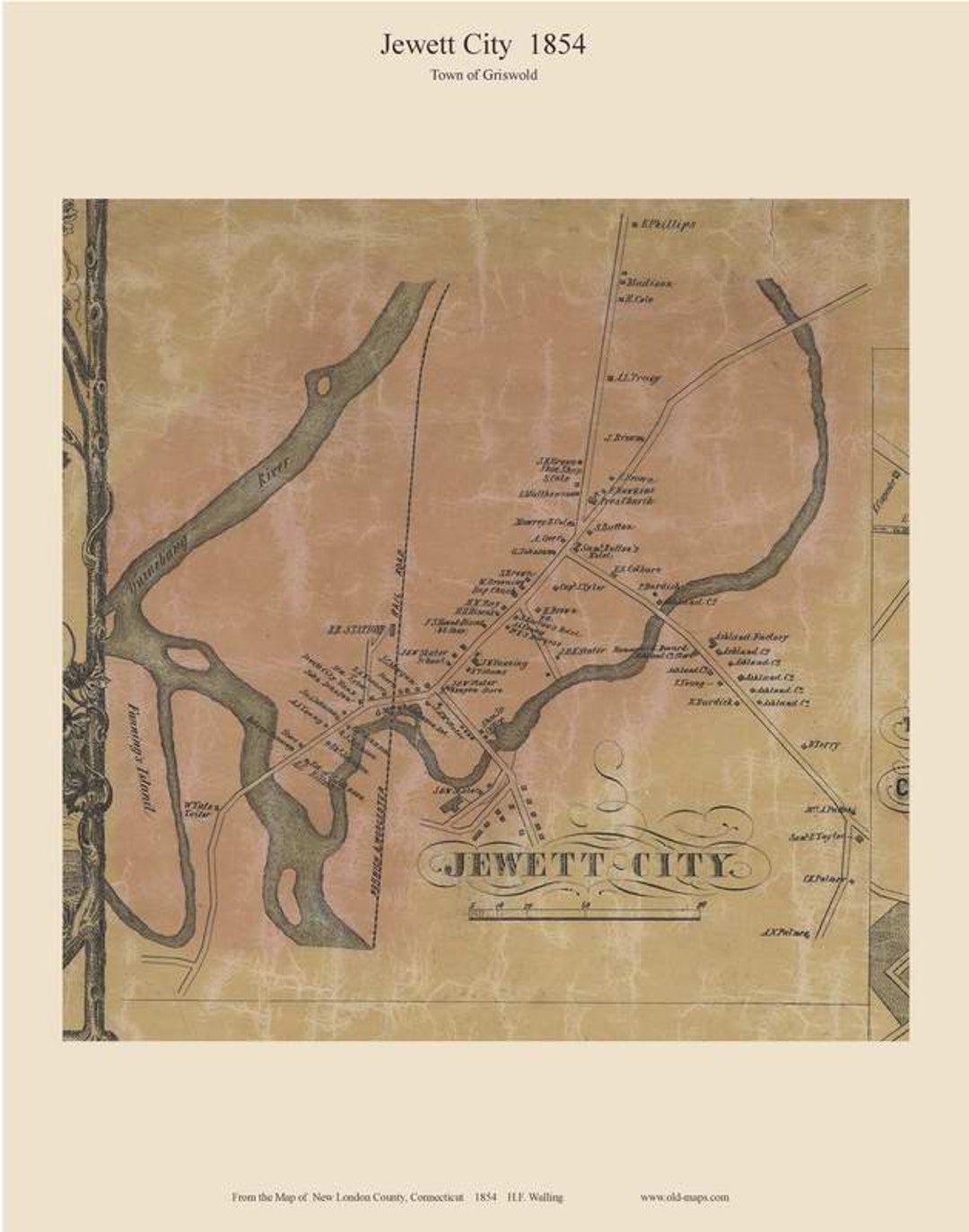 Jewett City Connecticut 1854 Old Town Map With Homeowner Names Reprint New London County CT Etsy
