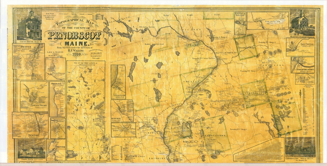 Penobscot County Maine 1859 LAMINATED Old Wall Map Reprint Etsy