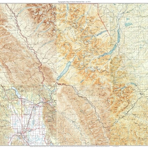 May include: A vintage topographic map of Glacier National Park, Montana, from circa 1914. The map shows the park's terrain, rivers, lakes, and trails. The map is printed in brown, green, and blue ink on a white background.