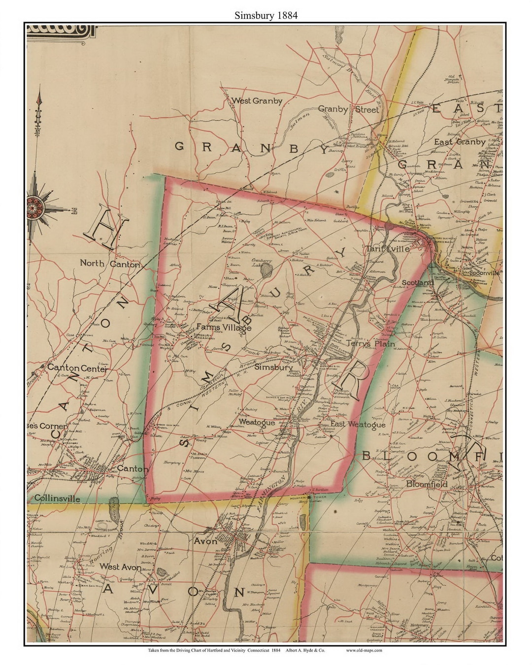 Simsbury 1884 Old Town Map With Homeowner Names Connecticut Reprint