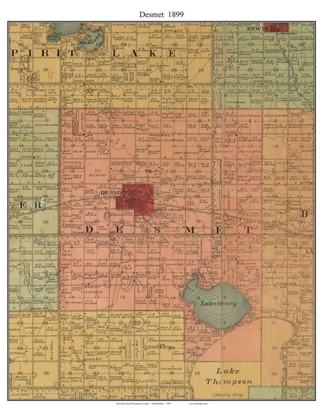 De Smet 1899 Old Town Map With Homeowner Names South Dakota Kingsbury