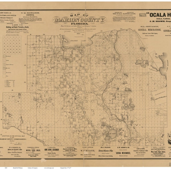 Marion County  Florida 1883  Old Wall Map Reprint with Homeowner Names  - Genealogy