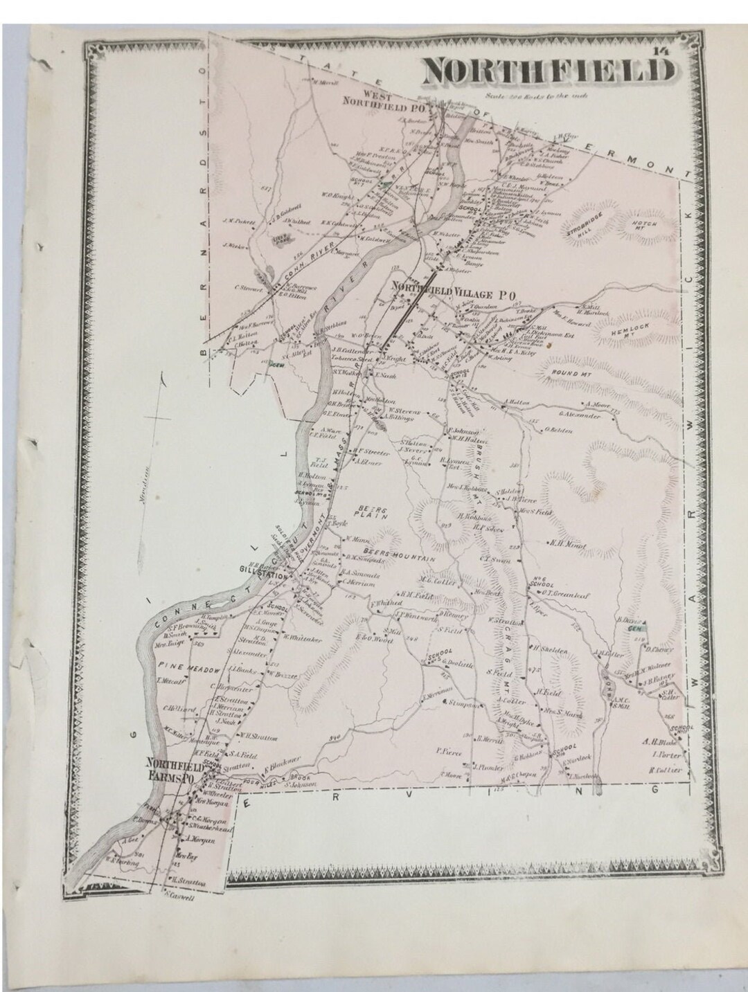 Northfield Massachusetts TOWN 1871 Map Original From Beers Etsy