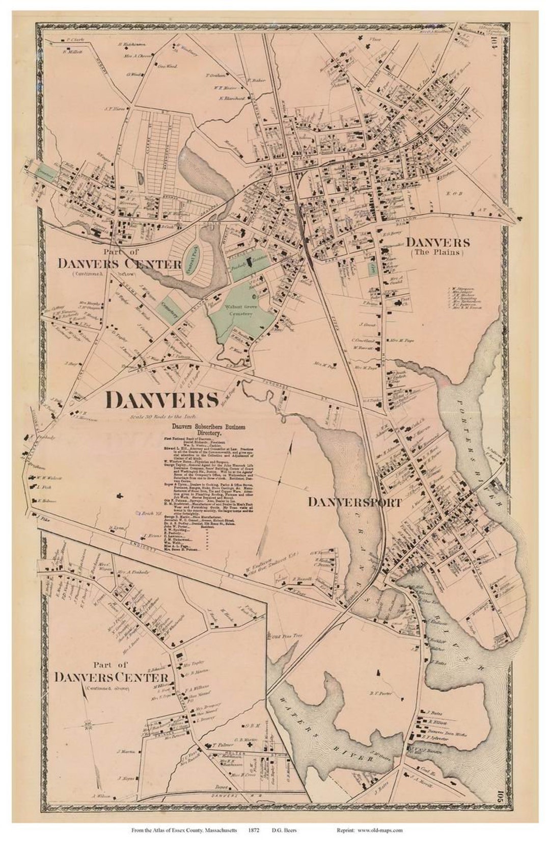 Danvers Village 1872 Old Town Map Reprint Essex County, Massachusetts