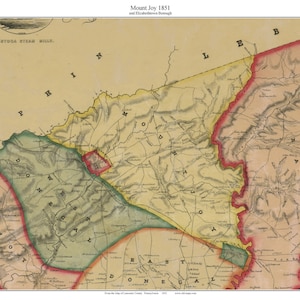 May include: An antique map of Mount Joy and Elizabethtown Borough, Pennsylvania, from 1851. The map shows the towns and surrounding areas, with roads, rivers, and other features marked. The map is in a vintage style, with hand-drawn lines and lettering.