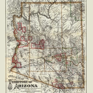 May include: An 1880 official map of the Territory of Arizona, compiled from surveys, reconnaissances, and other sources by E.A. Eckhoff and P. Priecker, Civil Engineers. The map shows the territory's boundaries, rivers, mountains, and other geographical features. The map is printed in black and white with red and green accents.