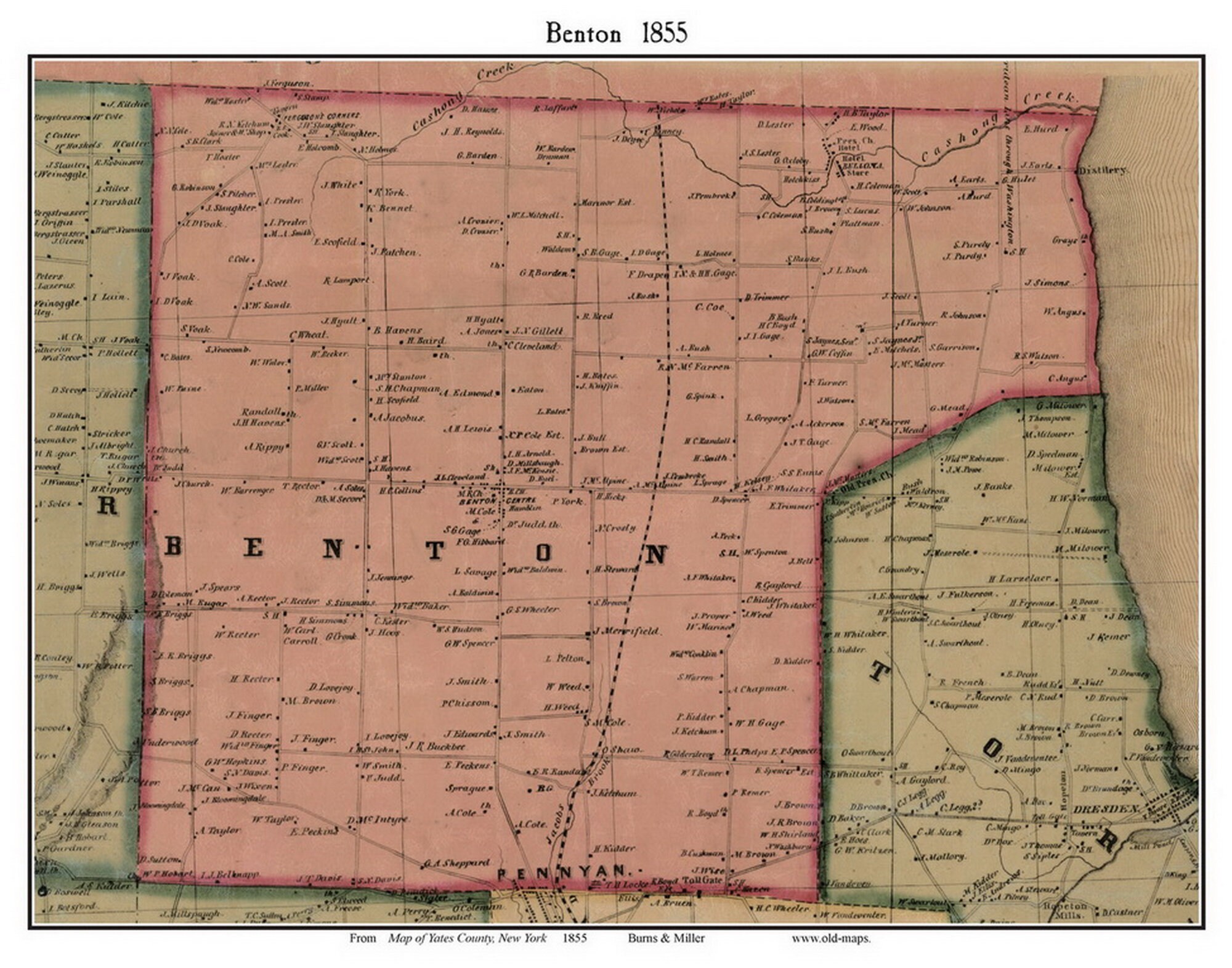 Benton 1855 Old Town Map With Homeowner Names New York Penn Yan Reprint