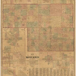 Montcalm County Michigan  1875 - Old Wall Map Reprint with Homeowner Names Farm Lines Genealogy