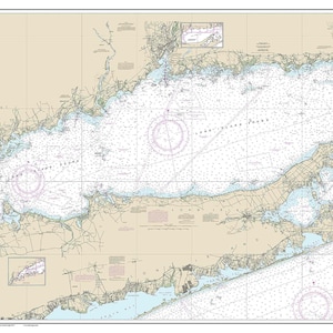 May include: A nautical chart of Long Island Sound, New York, with detailed markings for navigation. The chart includes buoys, shoals, and other navigational hazards. The chart is printed on a beige background with blue and black markings.