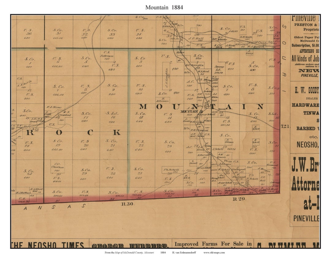 Mountain 1884 Old Town Map With Homeowner Names Missouri Reprint Genealogy Mcdonald County MO TM