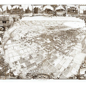 Santa Barbara- 1898 Birds Eye View California- Reprint