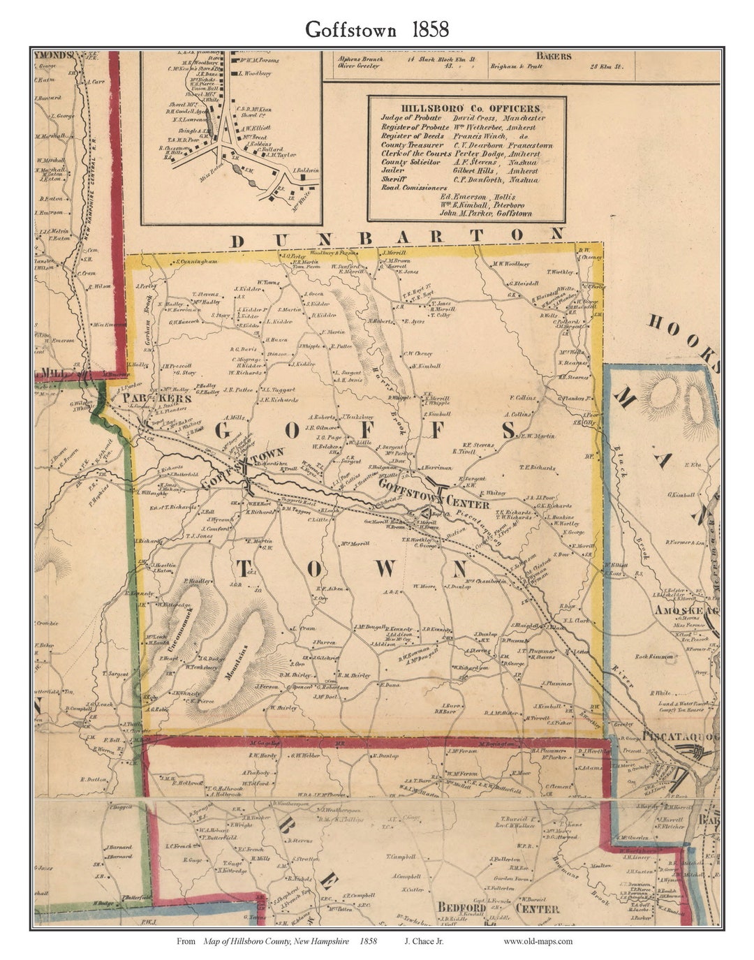 Goffstown 1858 Old Town Map With Homeowner Names New Hampshire Reprint