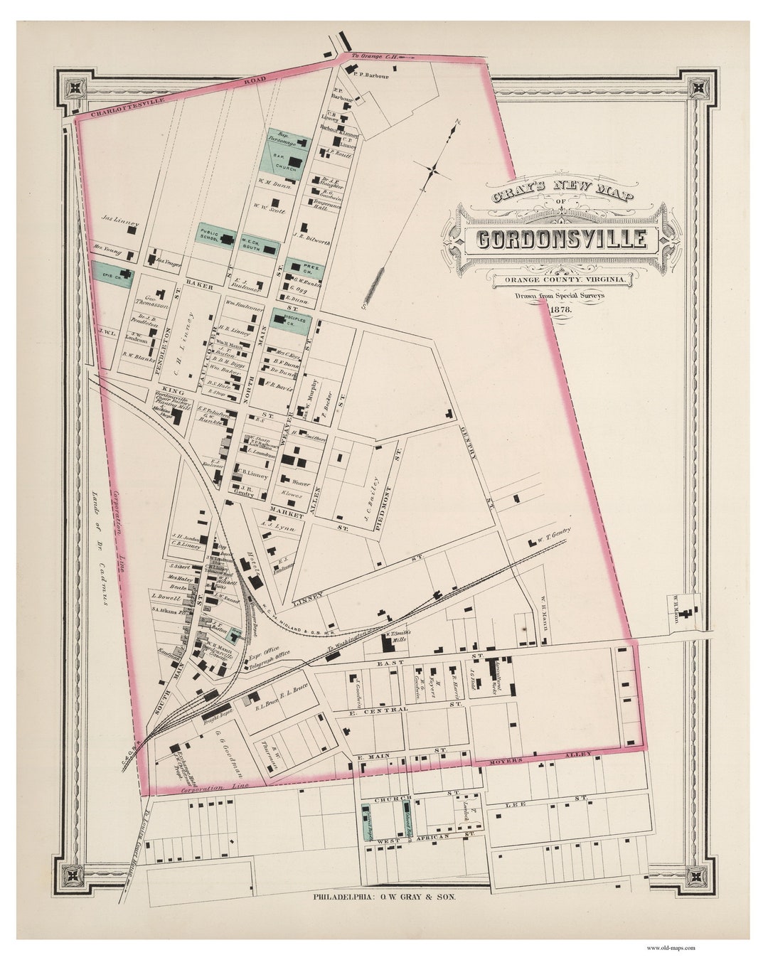 Gordonsville VA 1878 Old Map Homeowners Names Genealogy Orange Co O.W