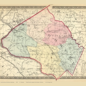May include: Antique map of Montgomery County, Maryland, from 1866, featuring detailed geographical and political divisions. The map is colored with shades of pink, green, and yellow, and includes text labels for towns and landmarks. The map is framed with a decorative border.