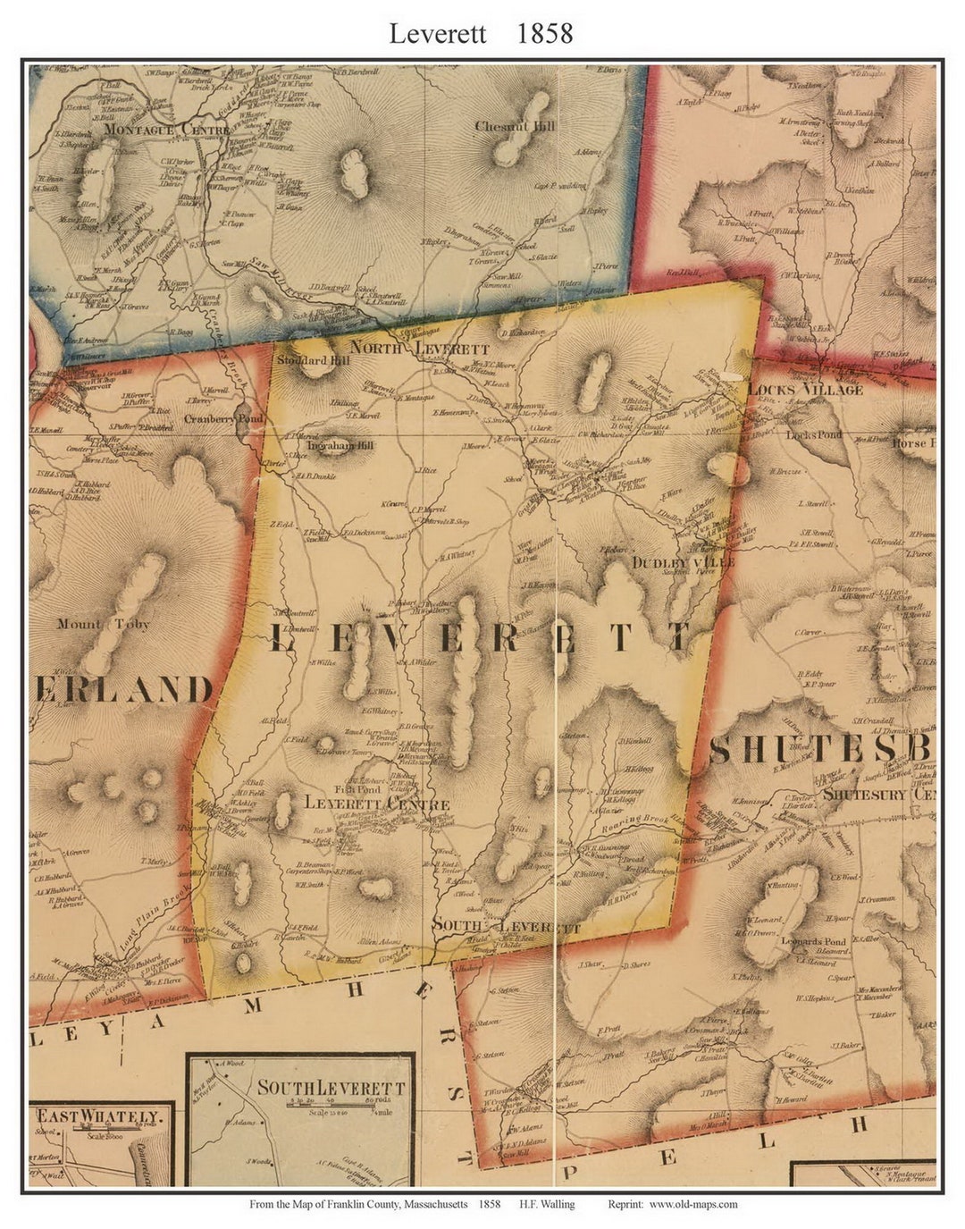 Leverett 1858 Old Town Map With Homeowner Names massachusetts Etsy