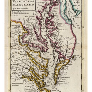 May include: An antique map of Virginia and Maryland from 1736 by Herman Moll. The map shows the Chesapeake Bay and surrounding areas, including rivers, towns, and counties. The map is printed in shades of brown, pink, and yellow.