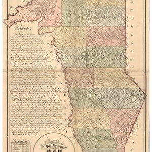 May include: An antique map of Greenville County, South Carolina, from 1882. The map is hand-drawn and features a detailed outline of the county's townships, rivers, and roads. The map is printed on aged paper with a light brown background and is surrounded by a decorative border.