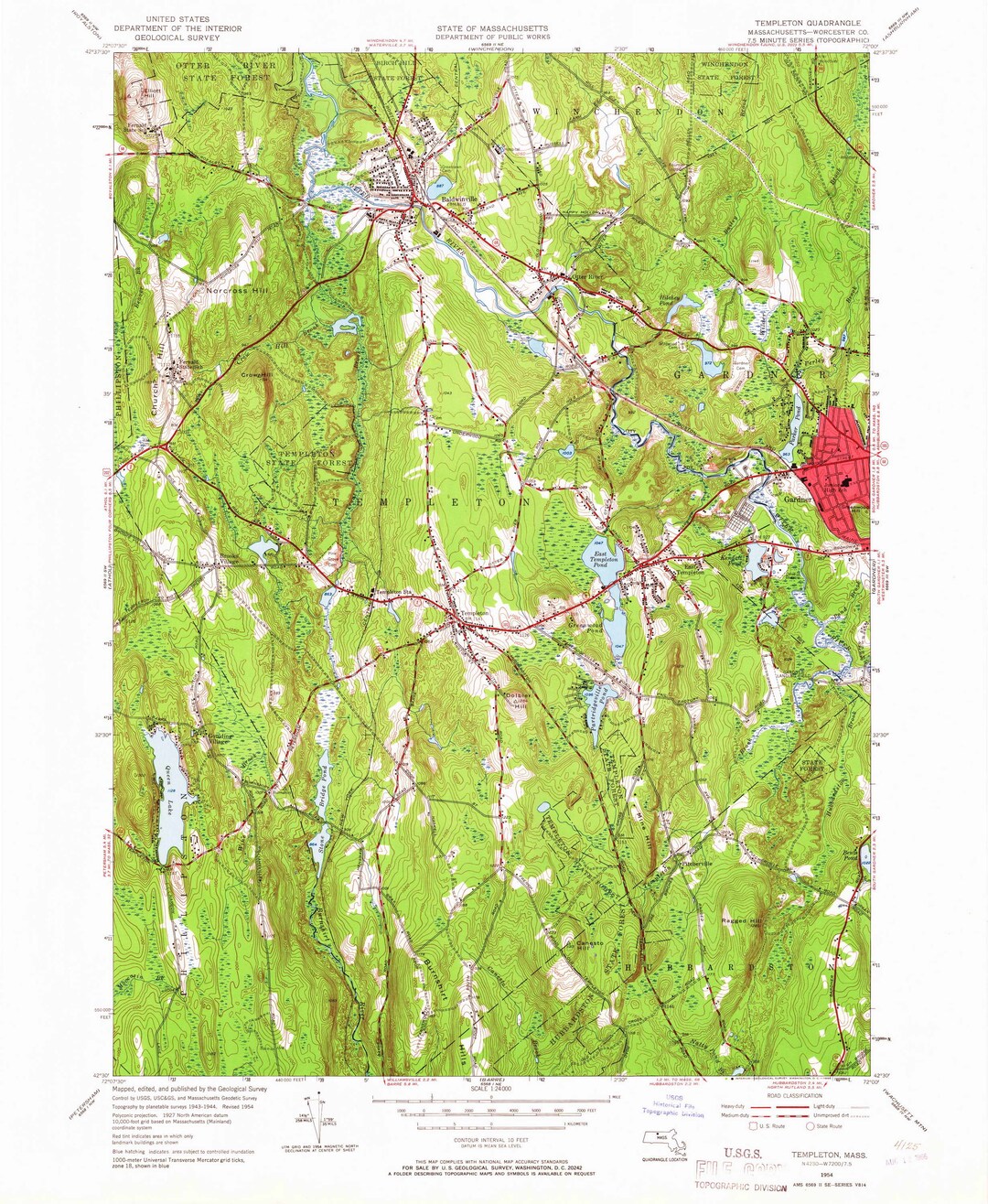 Templeton 1954 1966 Old Topo Map Gardner Baldwinville 7x7 USGS