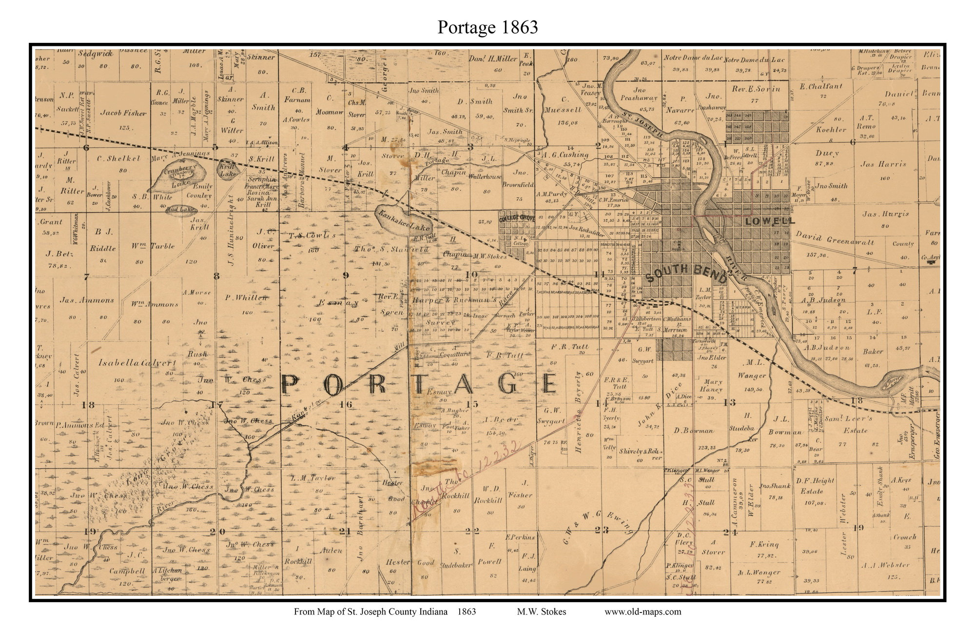 Portage 1863 Old Town Map With Homeowner Names Indiana South Etsy