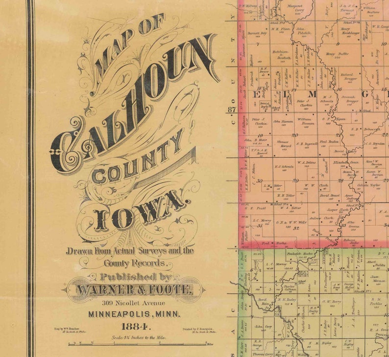 Calhoun County Iowa 1884 Old Wall Map With Landowner Names Etsy