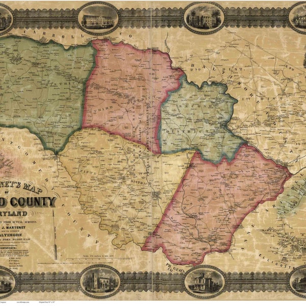 Howard County, Maryland 1860   - Old Wall Map Reprint with Homeowner Names - Genealogy