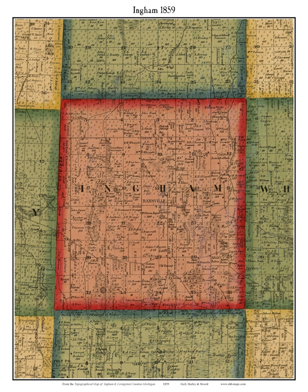 Ingham 1859 Old Town Map With Homeowner Names Dansville Michigan
