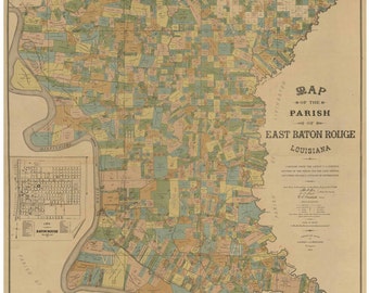 East Baton Rouge Parish  Louisiana 1895 -  Old County Wall Map with Landowner Names Farm Lines -  Reprint