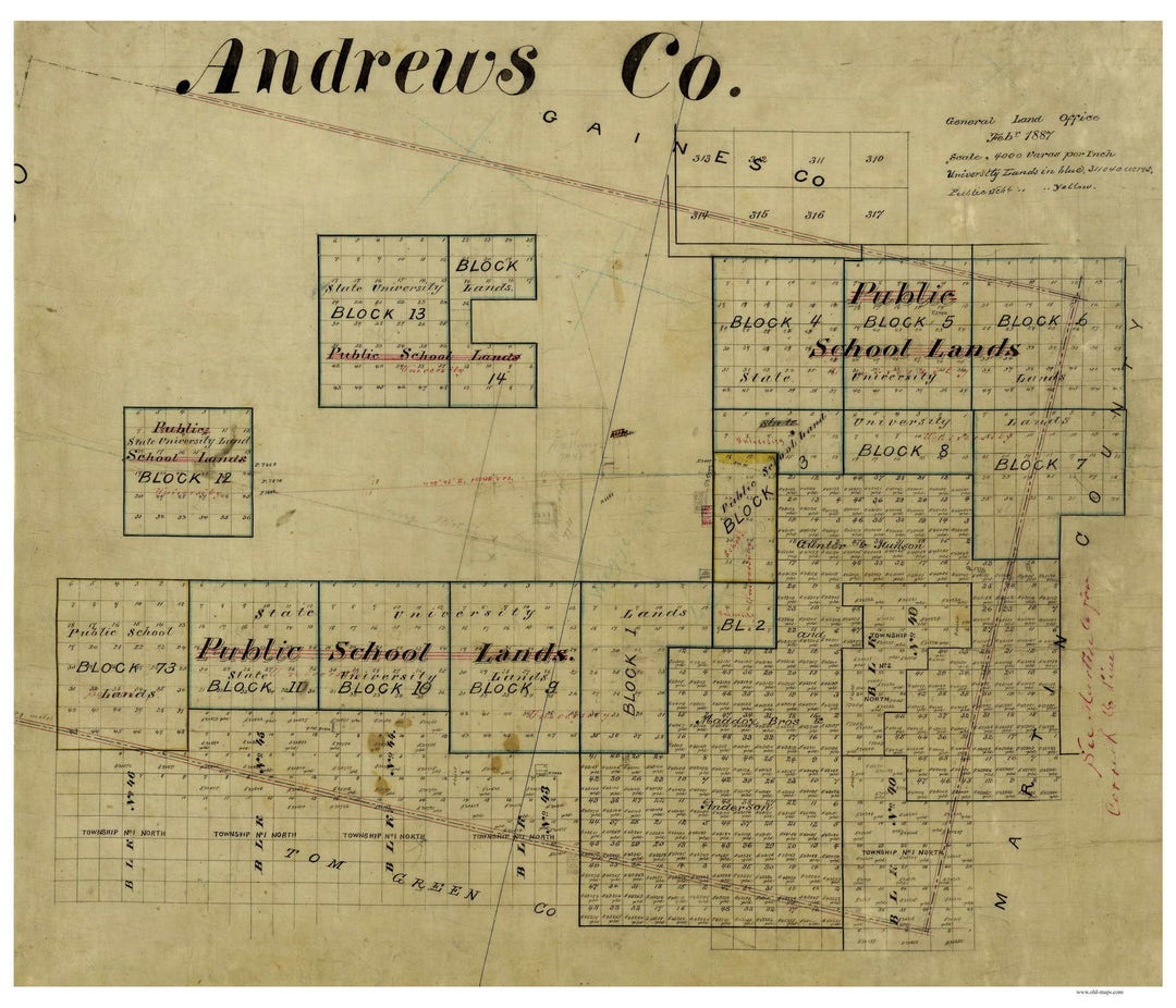 Andrews County, Texas 1887 Old Wall Map Reprint With Land Owners Names