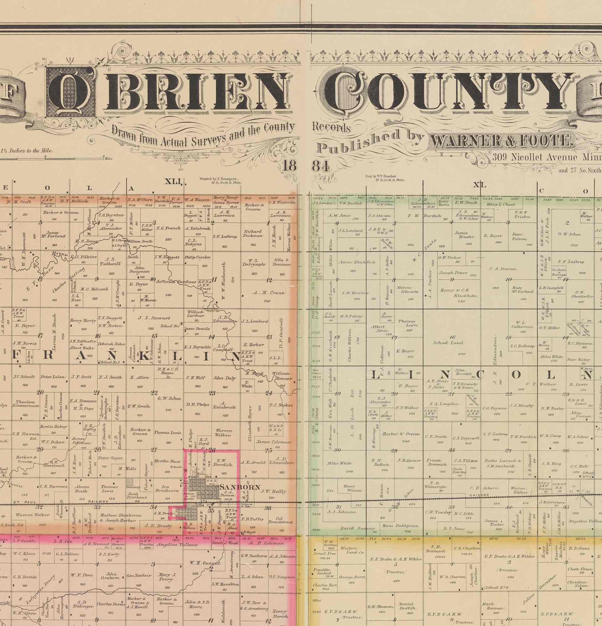 O'Brien County Iowa 1884 Old Wall Map with Landowner Etsy