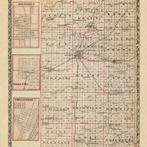 May include: An antique map of Warren County, Illinois, showing the towns of Abingdon, Yates City, Chillicothe, Monmouth, and Greenbush. The map is divided into townships and sections, with roads and rivers marked. The map is printed in black and white on a cream-colored paper.