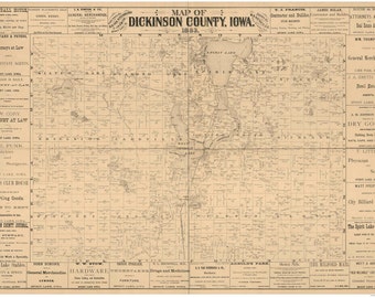 Dickinson County Iowa  1883 Old Wall Map with Landowner Names Farm Lines Genealogy- Reprint