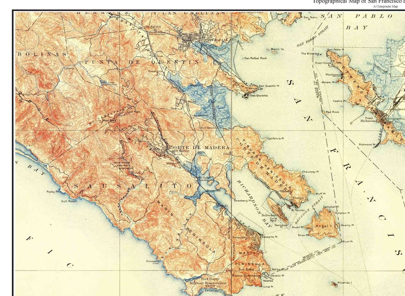 San Francisco 1915 Custom Old Topo Map USGS The City Marin County East Bay Daly City Composite Reprint California image 2