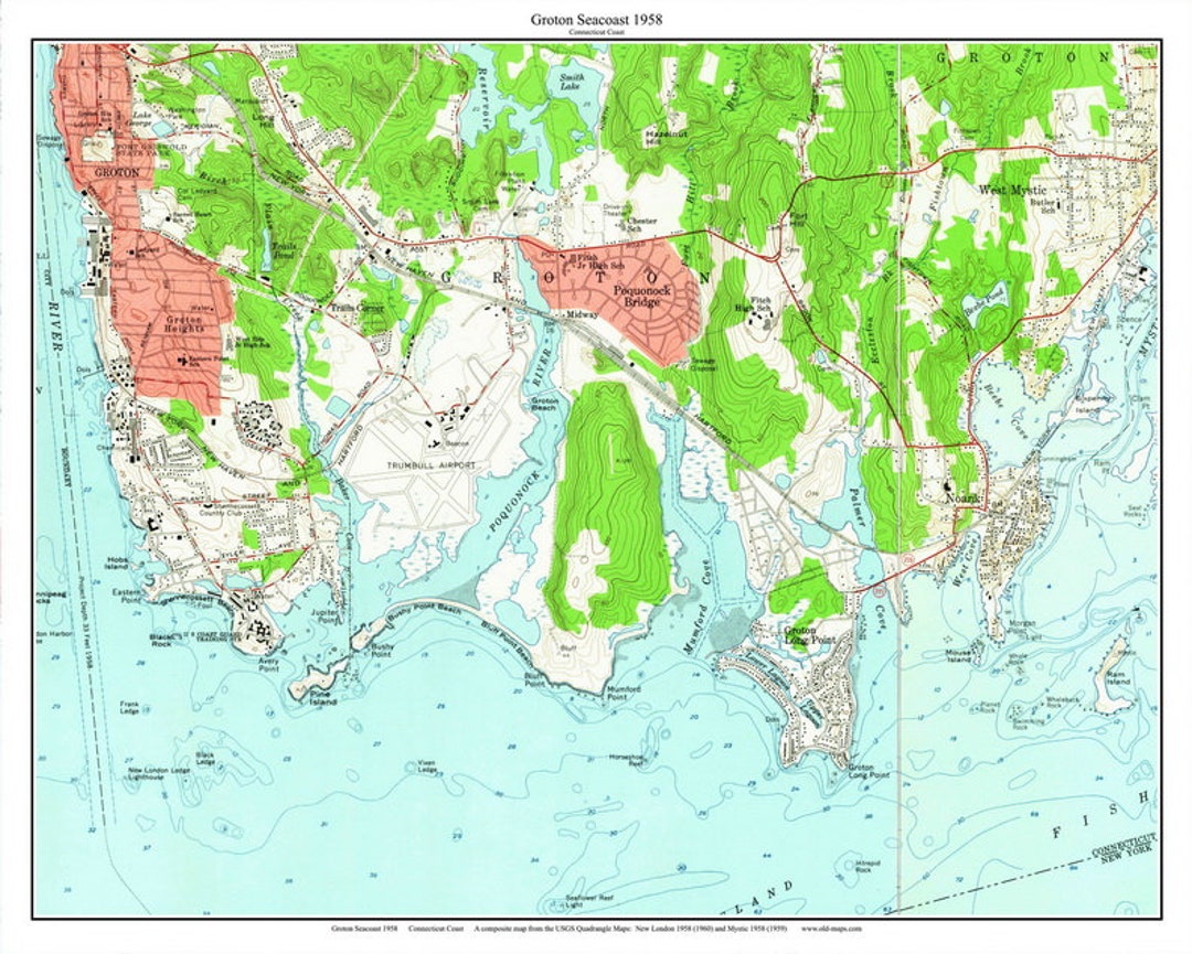 Groton Map Groton Seacoast 1958 - Old Topographic Map USGS Bushy Point Beach Bluff ...