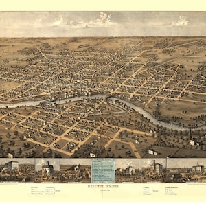 South Bend, Indiana - 1866  Birds Eye View Reprint