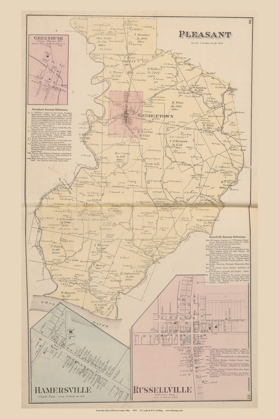 Pleasant 1876 Old Town Map Reprint Greenbush, Hamersville, Russellville Brown County, Ohio