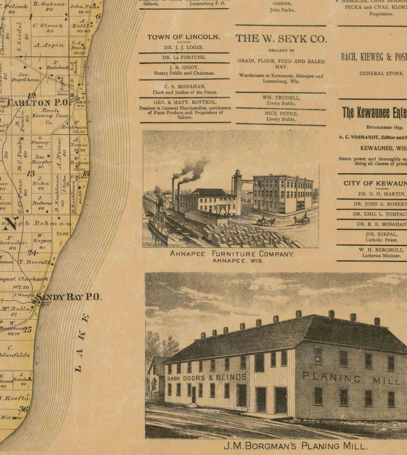 Kewaunee County Wisconsin 1895 Old Wall Map Reprint With Etsy