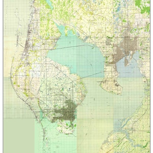 Tampa Bay, Florida 1945 Old Topo Map - A Composite made from 15 USGS Topographical Maps -  Custom Reprint