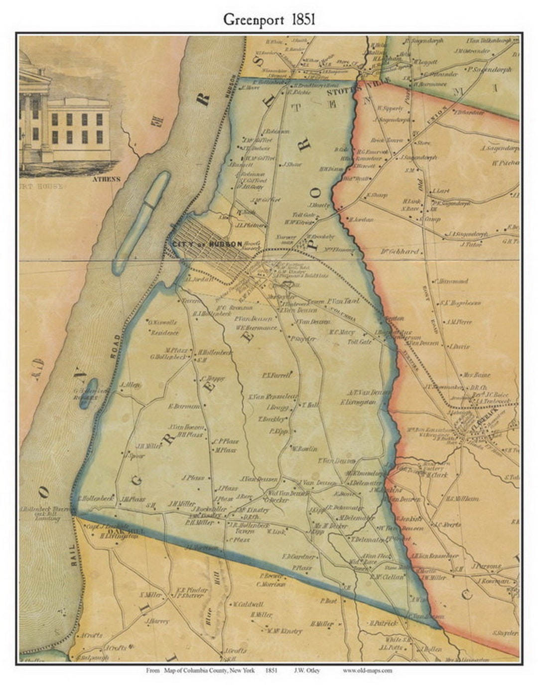 Greenport 1851 Old Town Map With Homeowner Names New York Hudson City