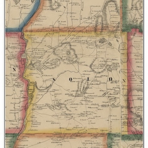 May include: A vintage map of Solon, Maine from 1860. The map is printed in shades of green, red, yellow, and blue. The map shows the names of towns, rivers, and lakes. The map is titled "Solon 1860".