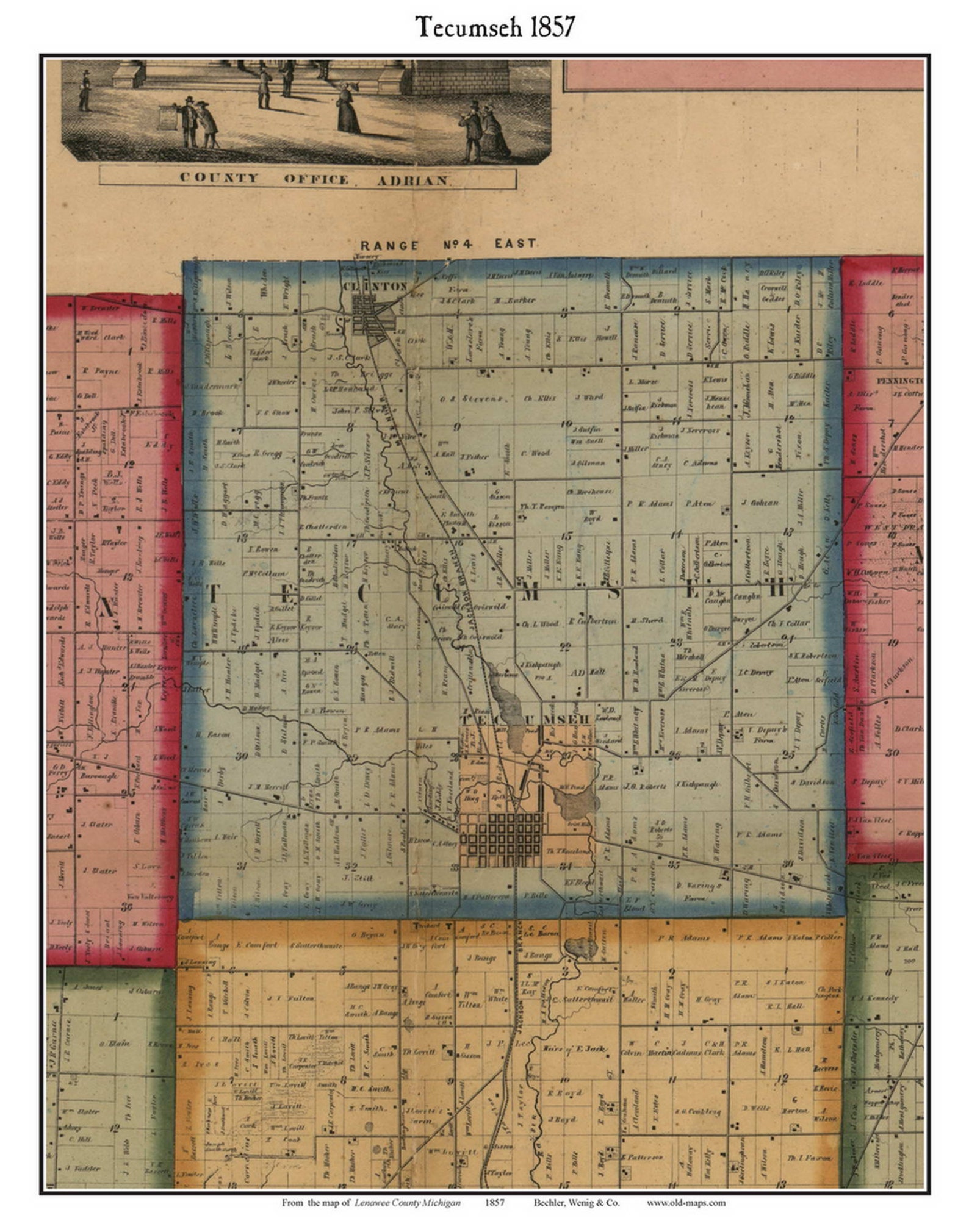 Tecumseh 1857 Old Town Map With Homeowner Names Michigan Etsy