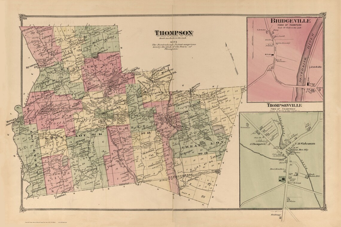 Thompson 1875 Map Homeowner Names Catskills Bridgeville Thompsonville