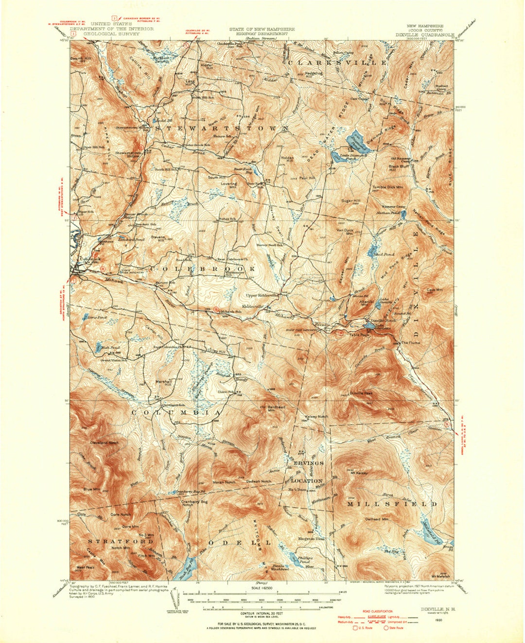 Dixville 1930 1954a ED Old Topo Map Colebrook Odell Millsfield Notch