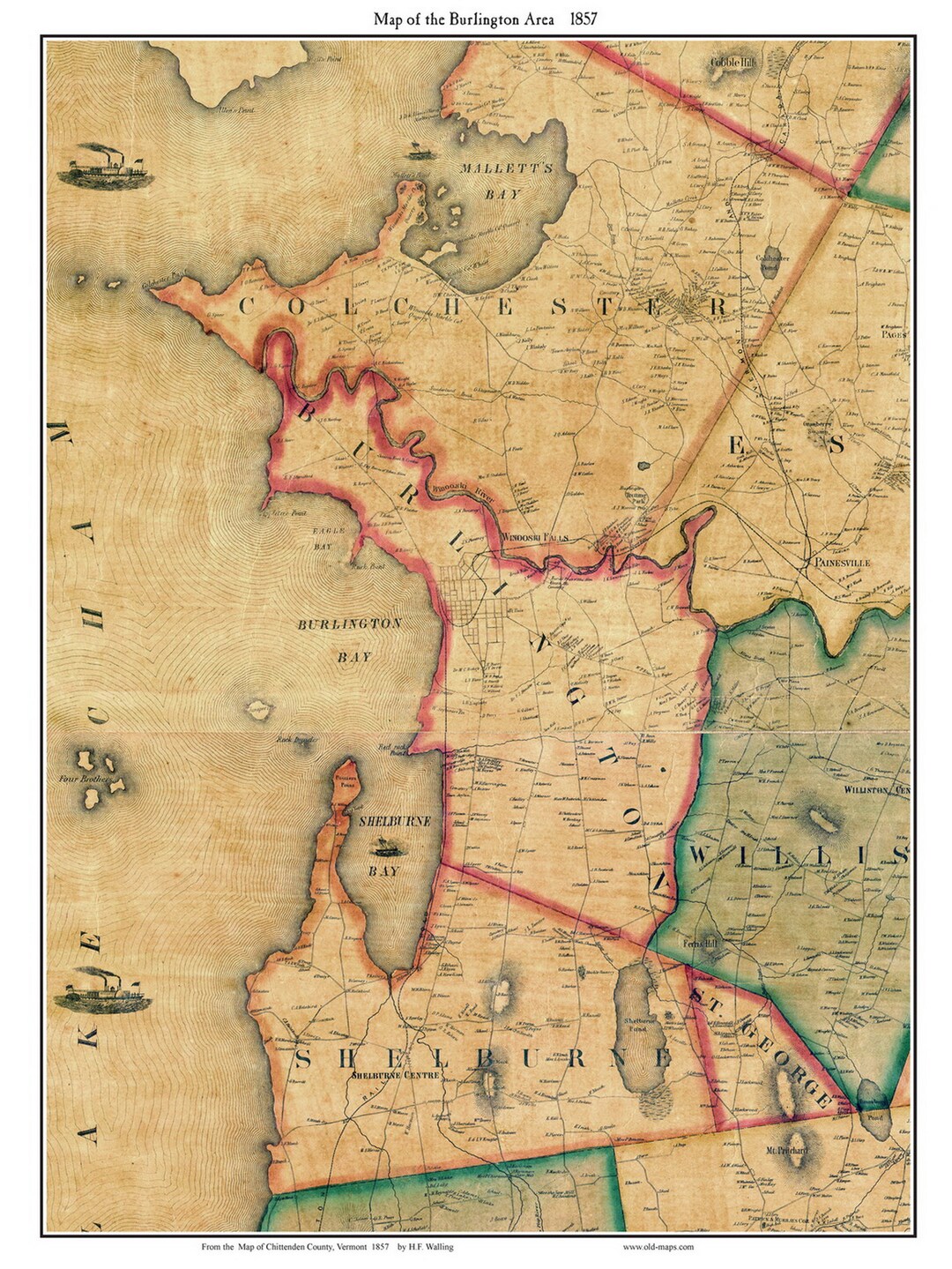 Burlington Area 1857 Old Town Map With Homeowner Names Vermont ...