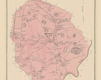 Puede incluir: Un mapa antiguo de Sherborn, Massachusetts, de 1875. El mapa está impreso en tinta rosa y negra sobre un fondo blanco. Muestra las carreteras, los ríos y las ciudades de la zona. El mapa está titulado "Sherborn" e incluye la escala "150 Rods to the inch".