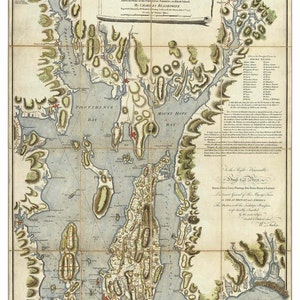 May include: An antique map of the Bay of Narraganset in the Province of New England, showing Rhode Island and Connonicut. The map is hand-drawn and features detailed outlines of the islands and surrounding coastline. The title "A Topographical Chart of the Bay of Narraganset" is printed at the top of the map.