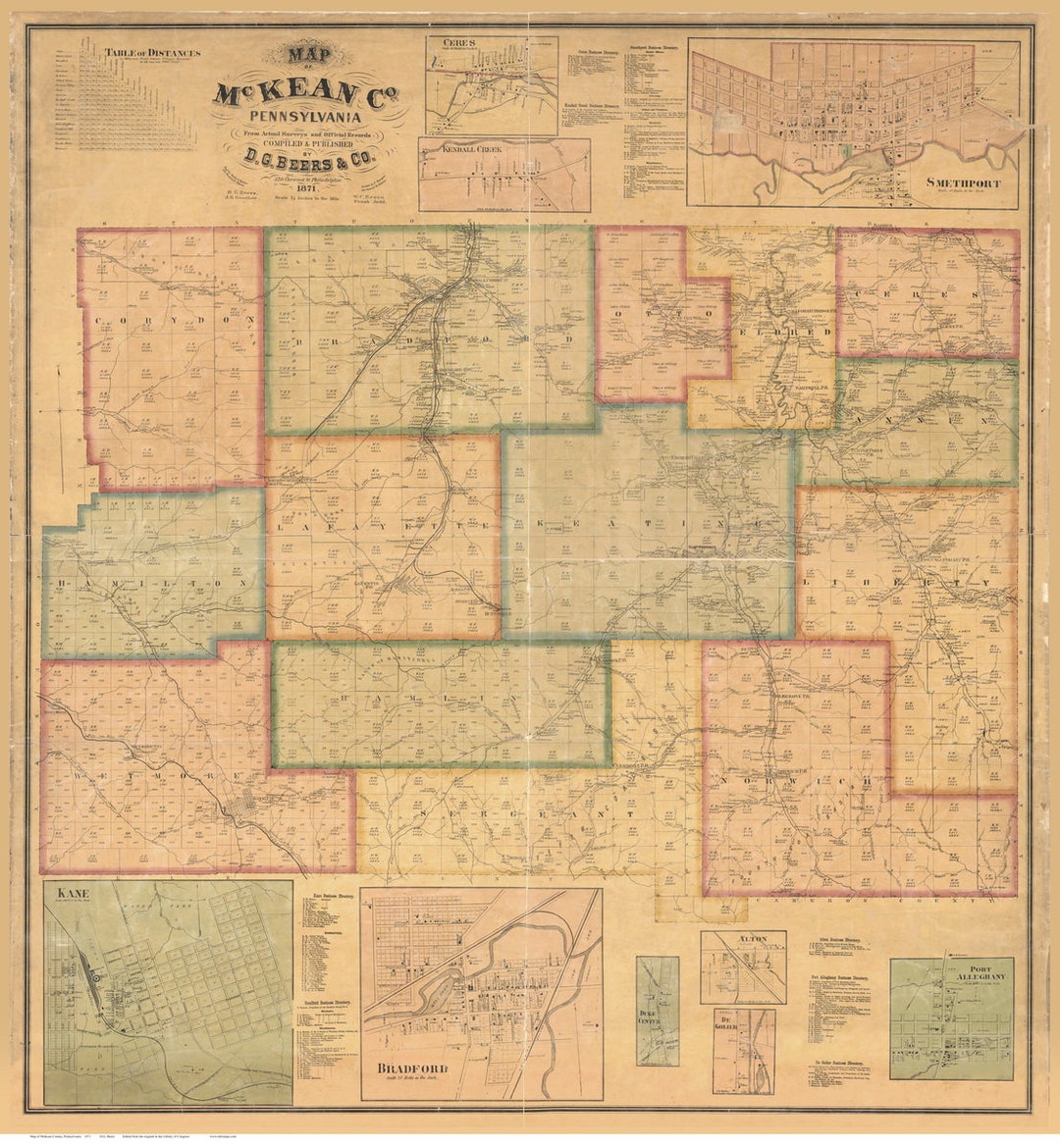Mckean County Pennsylvania 1871 Wall Map With Homeowner Names Reprint Etsy