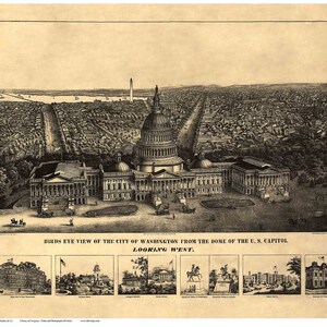 May include: A black and white engraving of a bird's eye view of Washington, D.C. from the dome of the U.S. Capitol looking west. The engraving includes the Capitol building, the Washington Monument, and other buildings in the city.