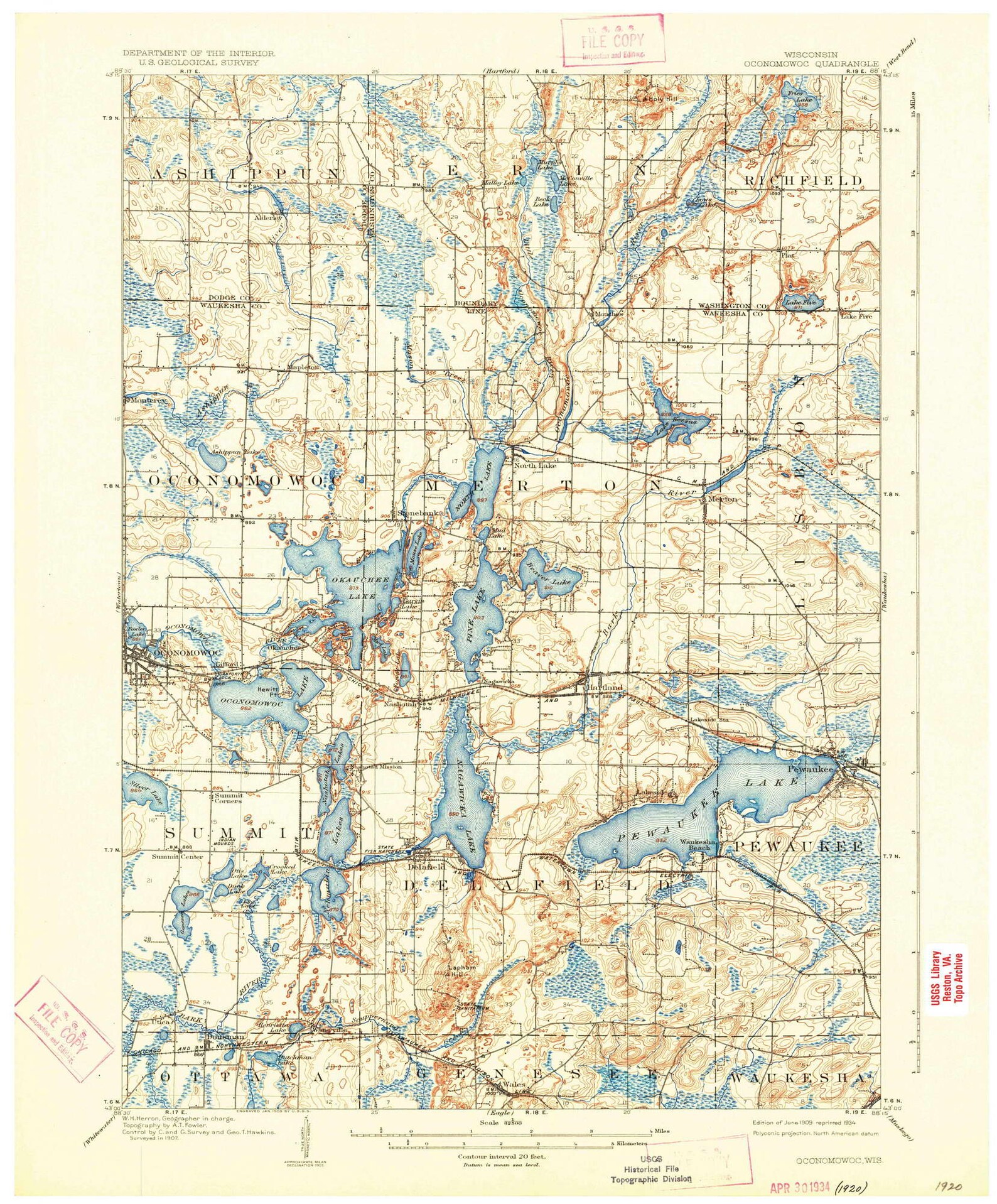 Oconomowoc 1909 1934 Old Topo Map Pewaukee Lake Quad Etsy