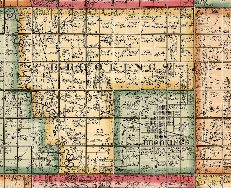 Brookings County South Dakota 1897 - Old Wall Map With Landowner Names ...
