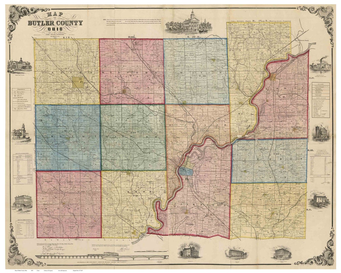 Butler County Ohio 1855 Old Wall Map Reprint With Homeowner Etsy